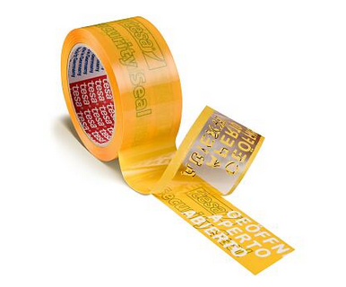 Ejemplo de cinta inviolable impresa con texto "Tesa Security Seal" personalizable.